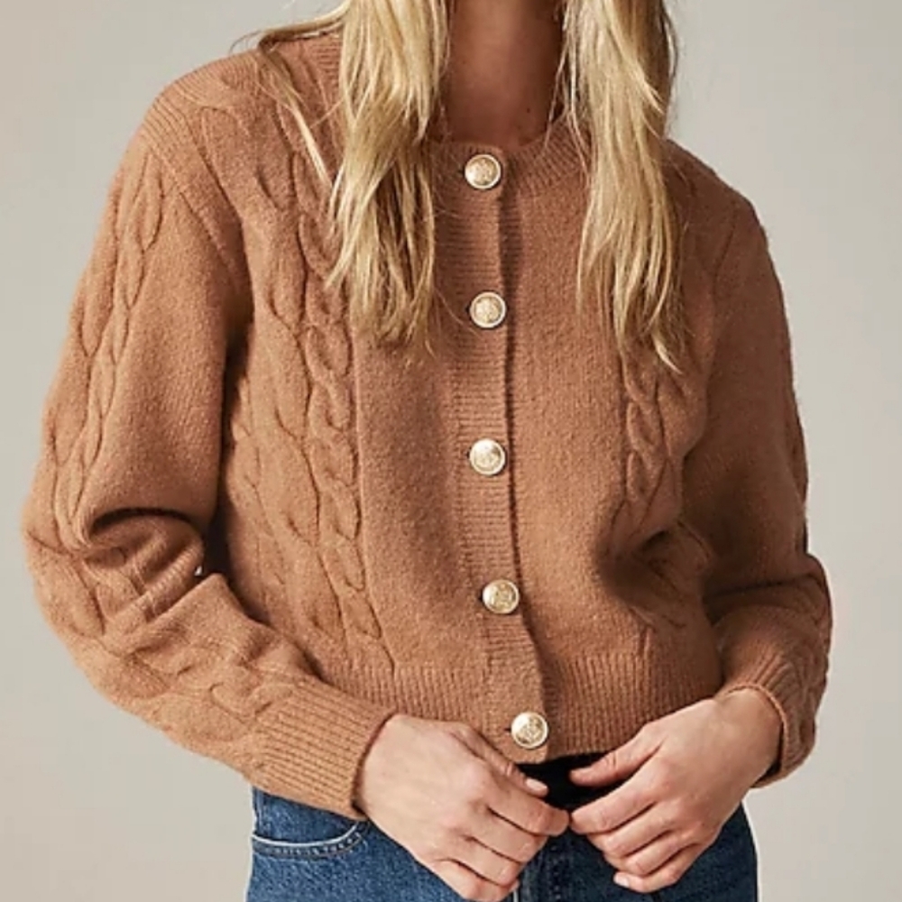 J. Crew Camel Cable Knit Cardigan with Gold Buttons